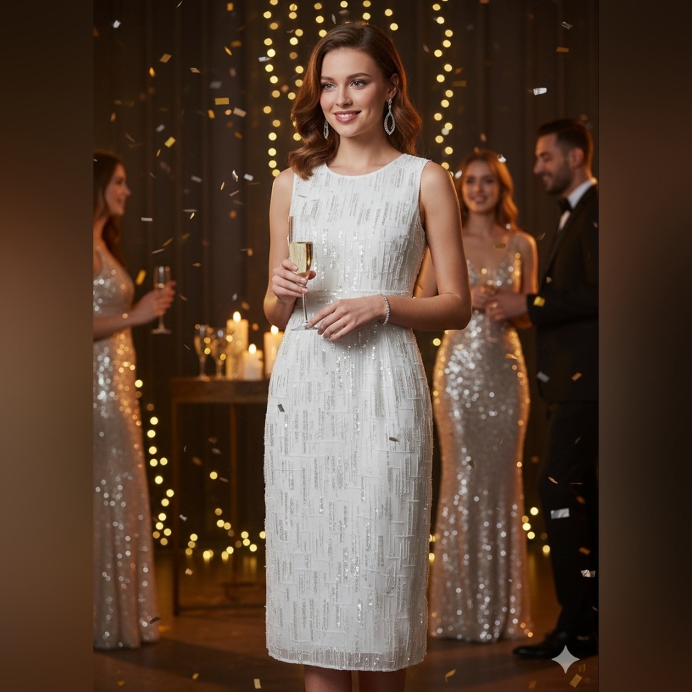 NWT Macduggal  White midi Beaded Dress 6